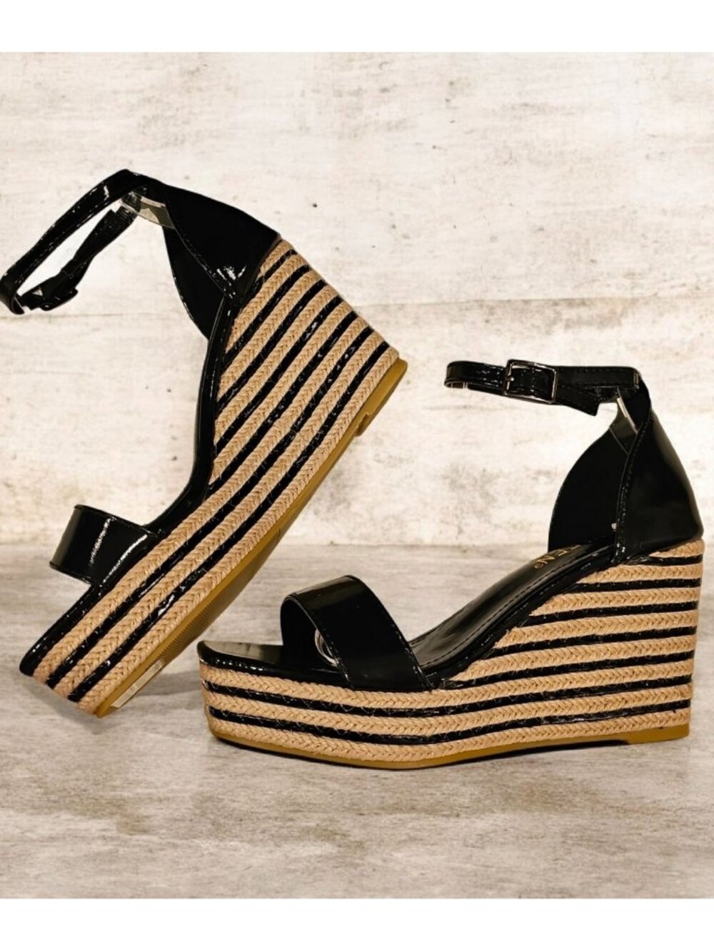 Black Patent Leather Espadrille Wedge Sandals With Ankle Strap & Buckle